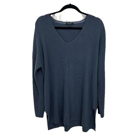 Lafayette 148 Blue Wool Cashmere Blend Ribbed  V-Neck Tunic Sweater Size L Boho - Picture 1 of 10